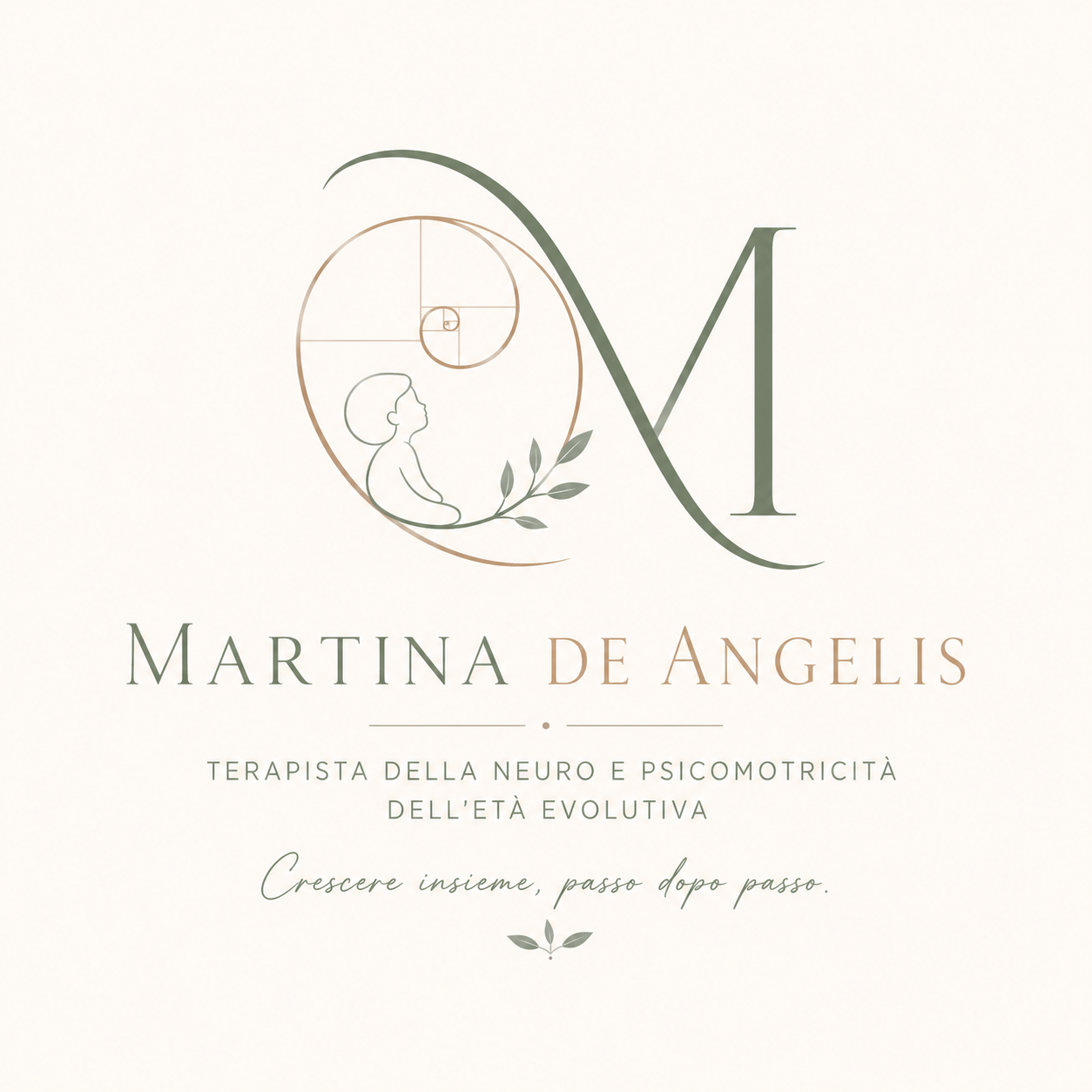 Logo della Dott.ssa Martina De Angelis, con un bambino, le iniziali e una spirale