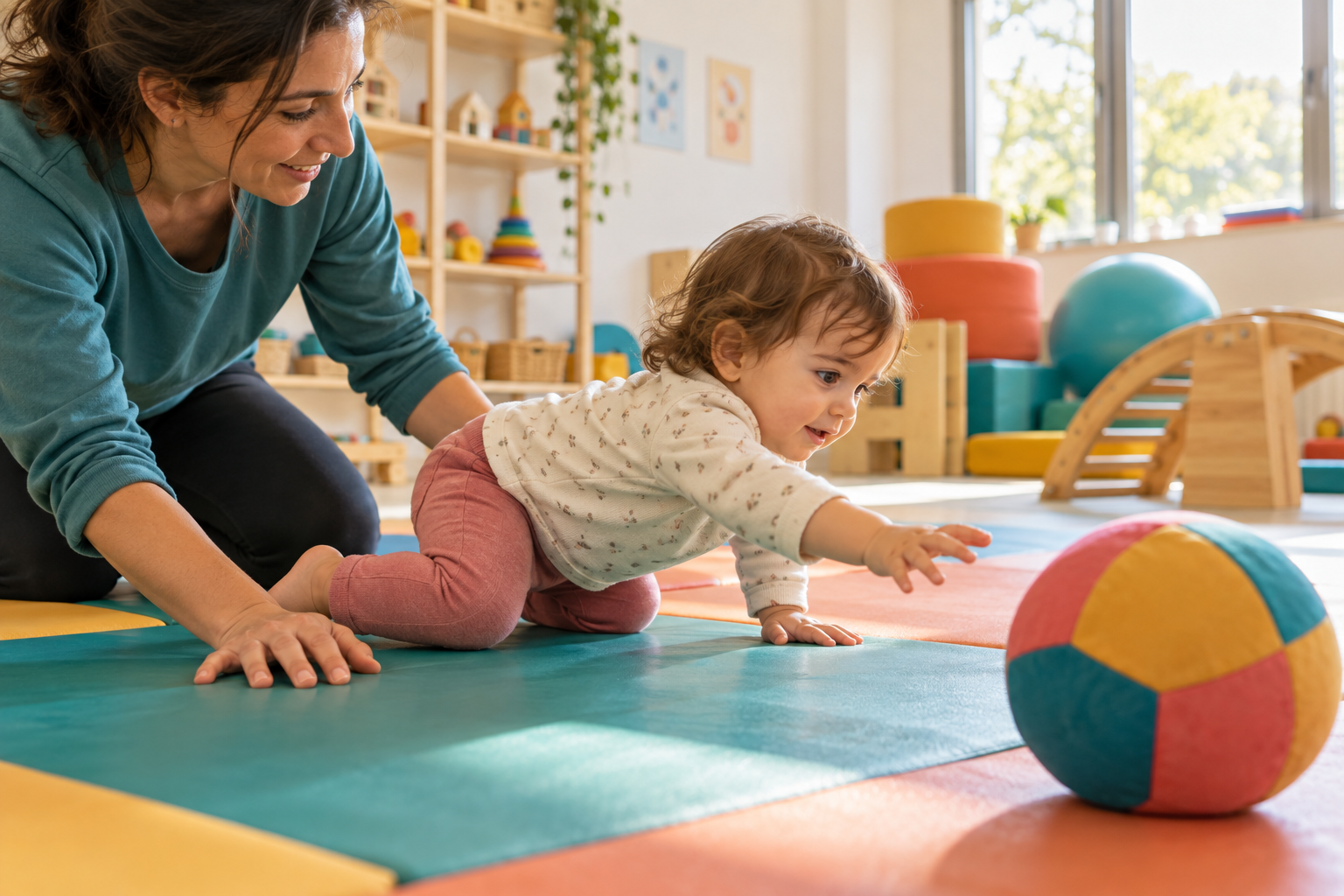 Un bambino piccolo esplora il movimento su un tappeto con il sostegno di un’adulta